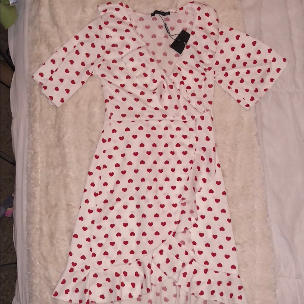 White Heart Print Frill Detail Tea Dress